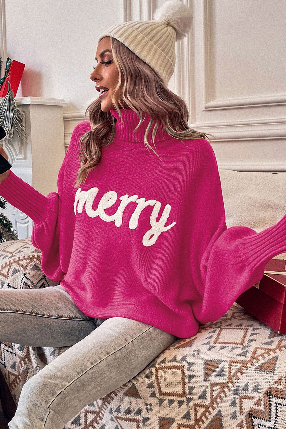 Rose merry letter gestickter pullover mit hohem ausschnitt
