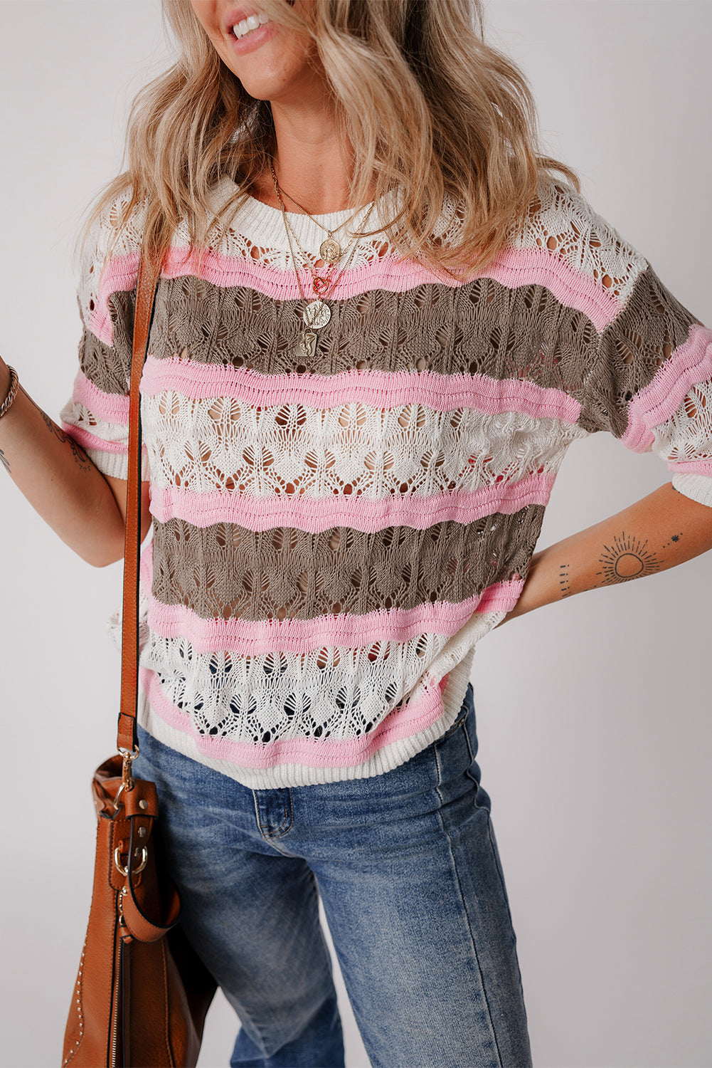 Brown stripe color block hollow out crochet half sleeve pullover