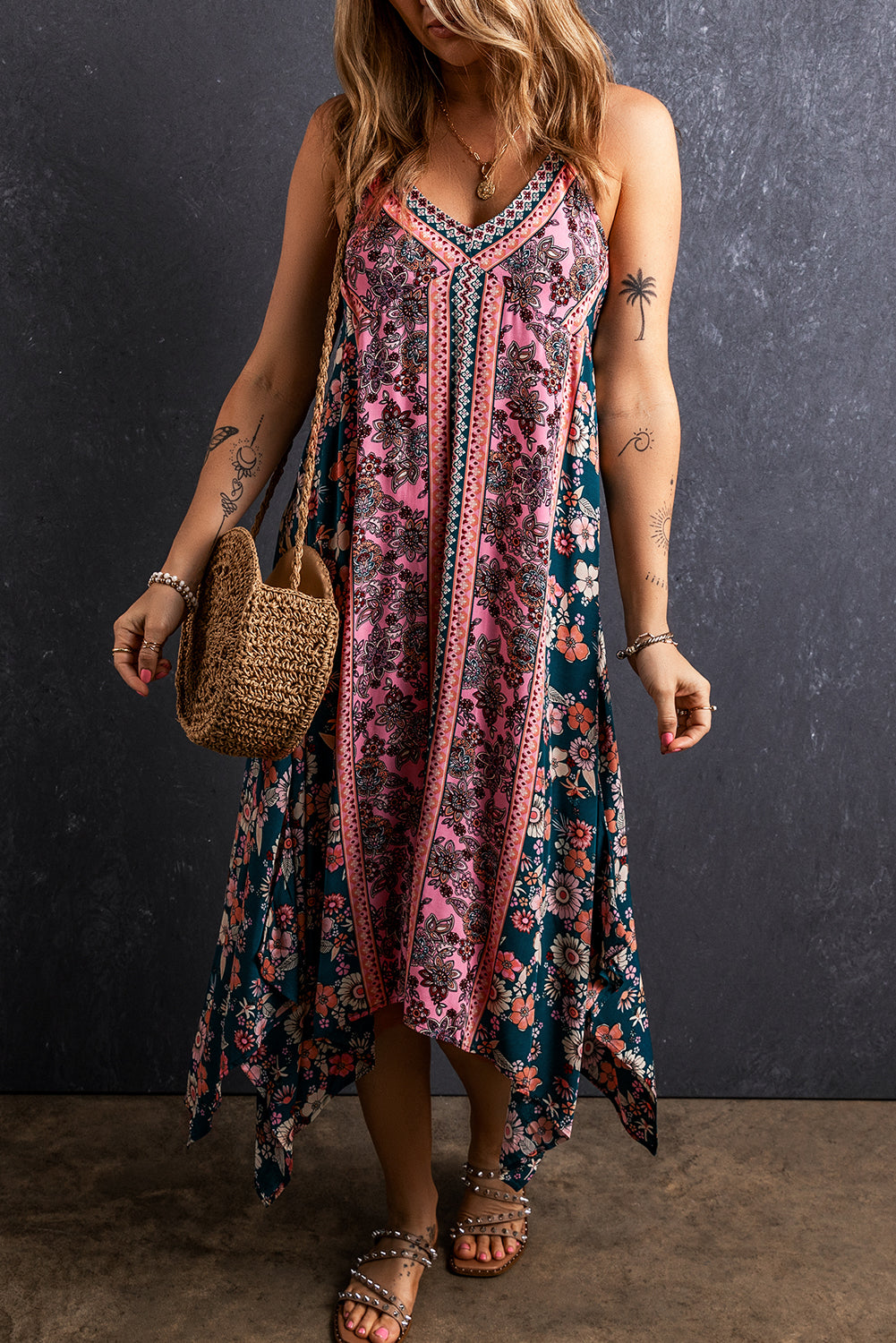 Rosa Bohème floraler Patchworkdruck langes Sommerkleid