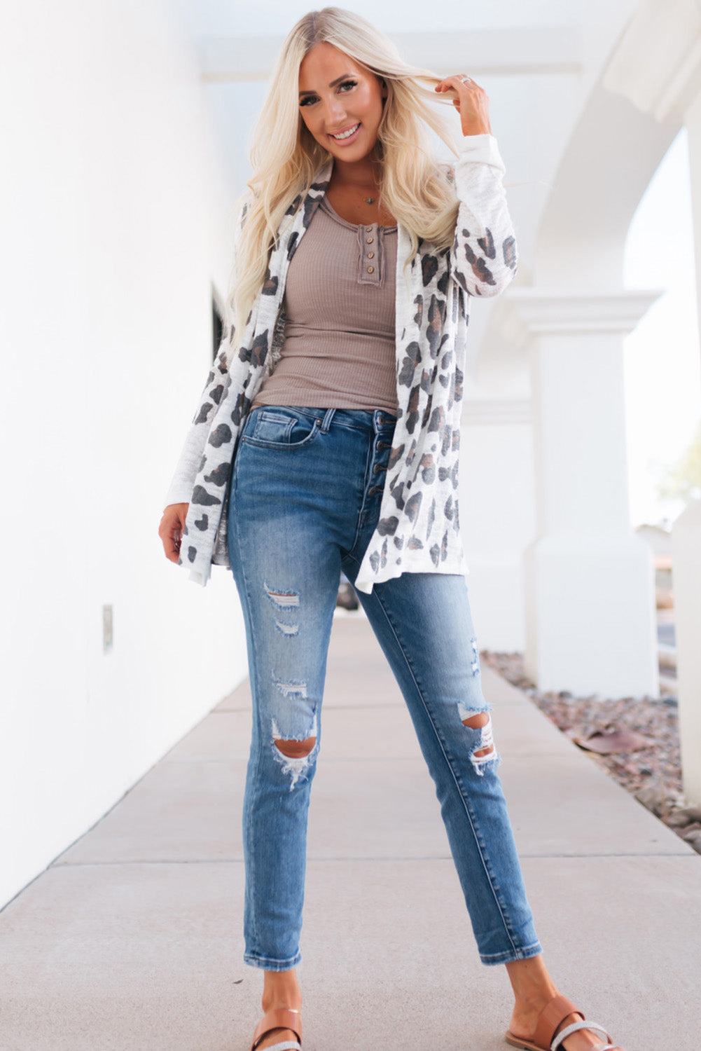 Weiße vintage leopard print offene strickjacke