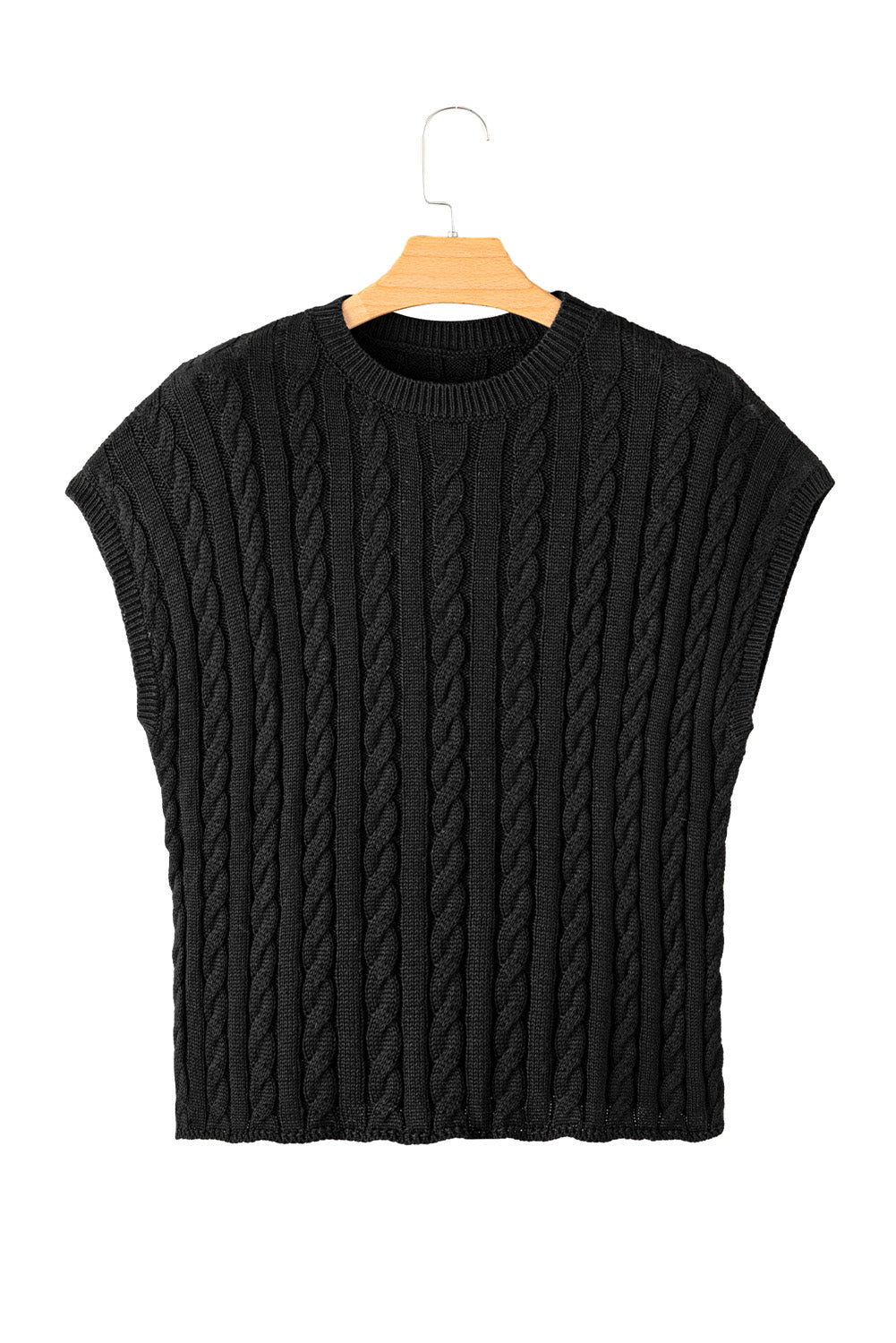 Schwarzer kurzarmpullover mit rundhalsausschnitt aus kabelstrick
