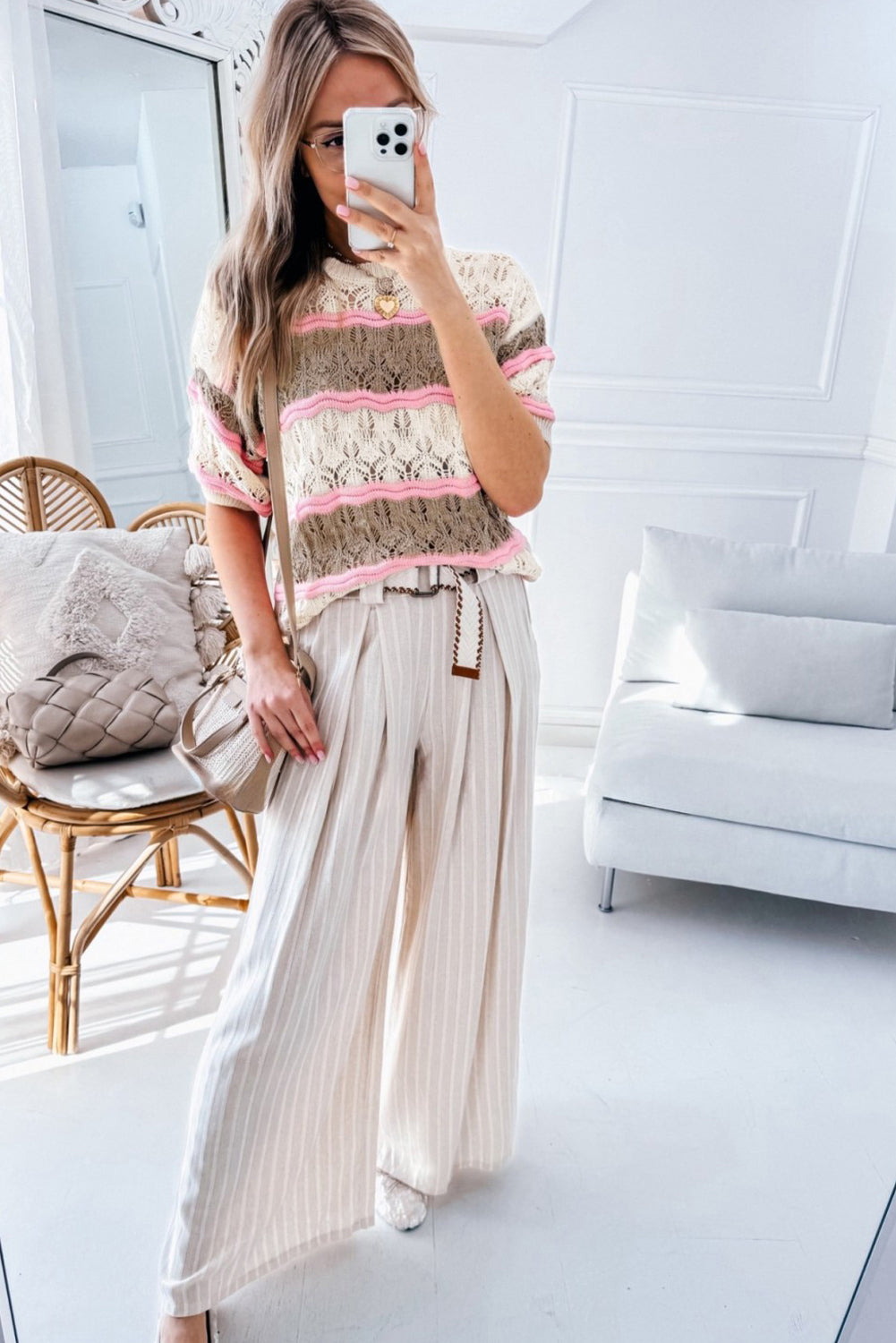 Brown stripe color block hollow out crochet half sleeve pullover