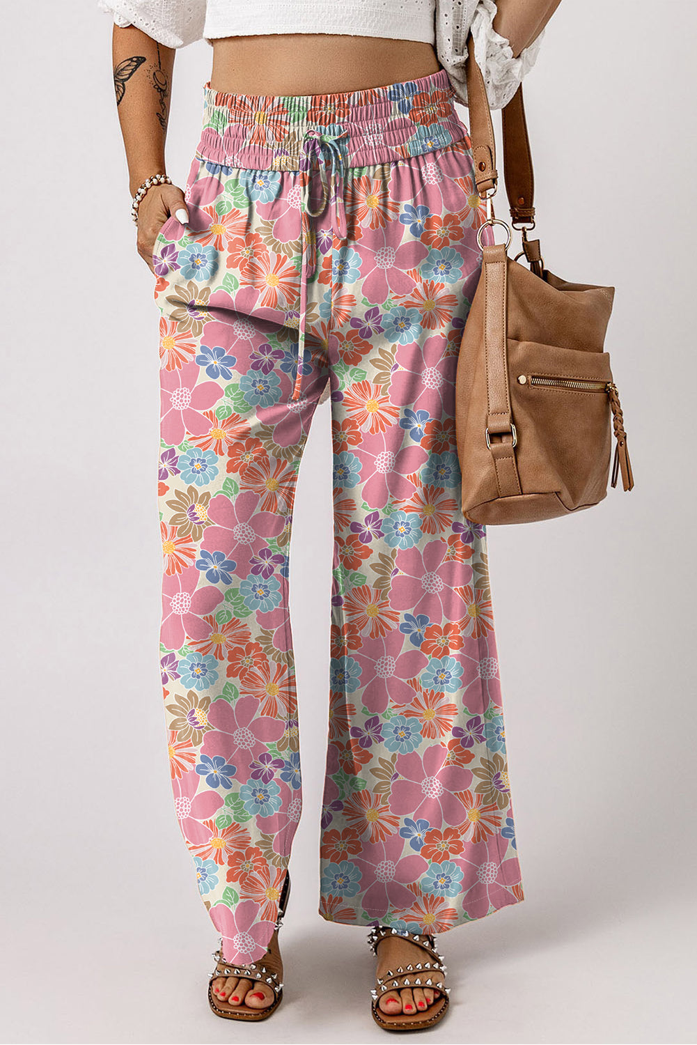 Rosa floral smocked taille lose hose
