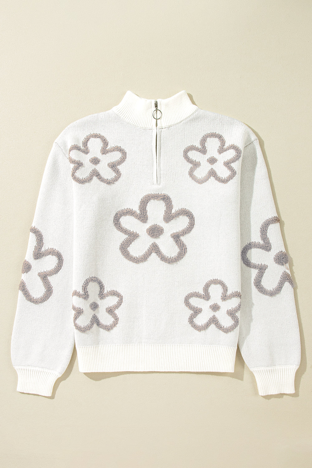 Weißer kontrast-blumen-halb-reißverschluss-pullover mit stehkragen