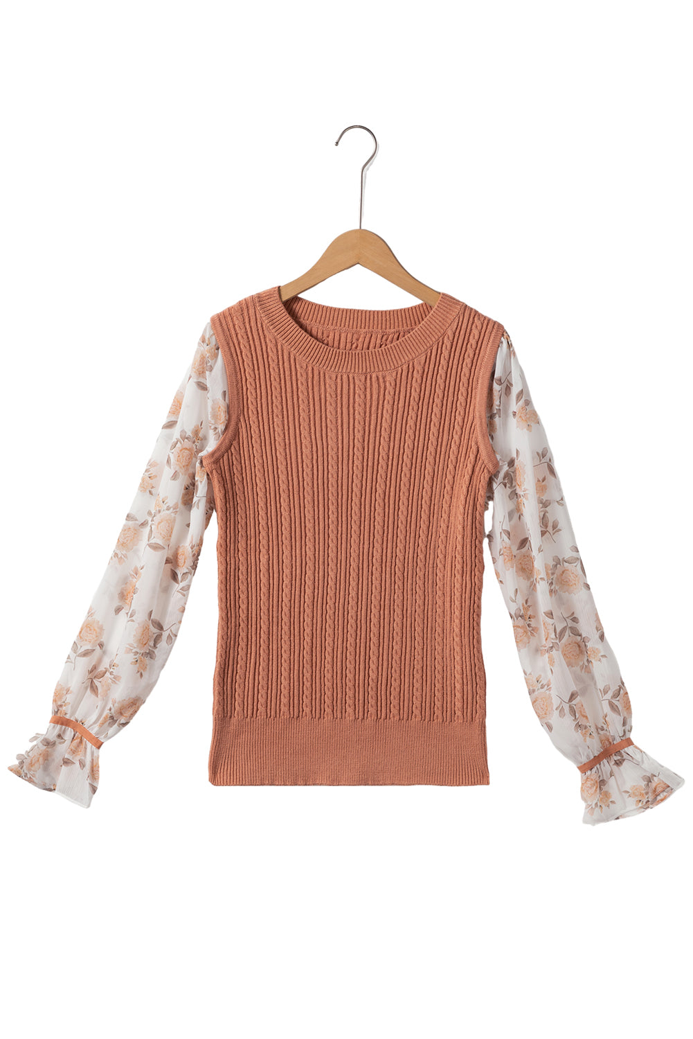 Goldener floraler patchwork-pullover mit gerüschter manschette und kabelstrick