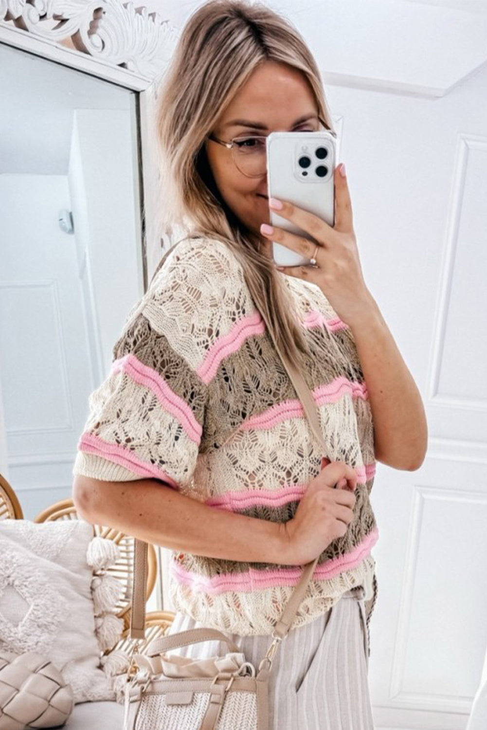 Brown stripe color block hollow out crochet half sleeve pullover