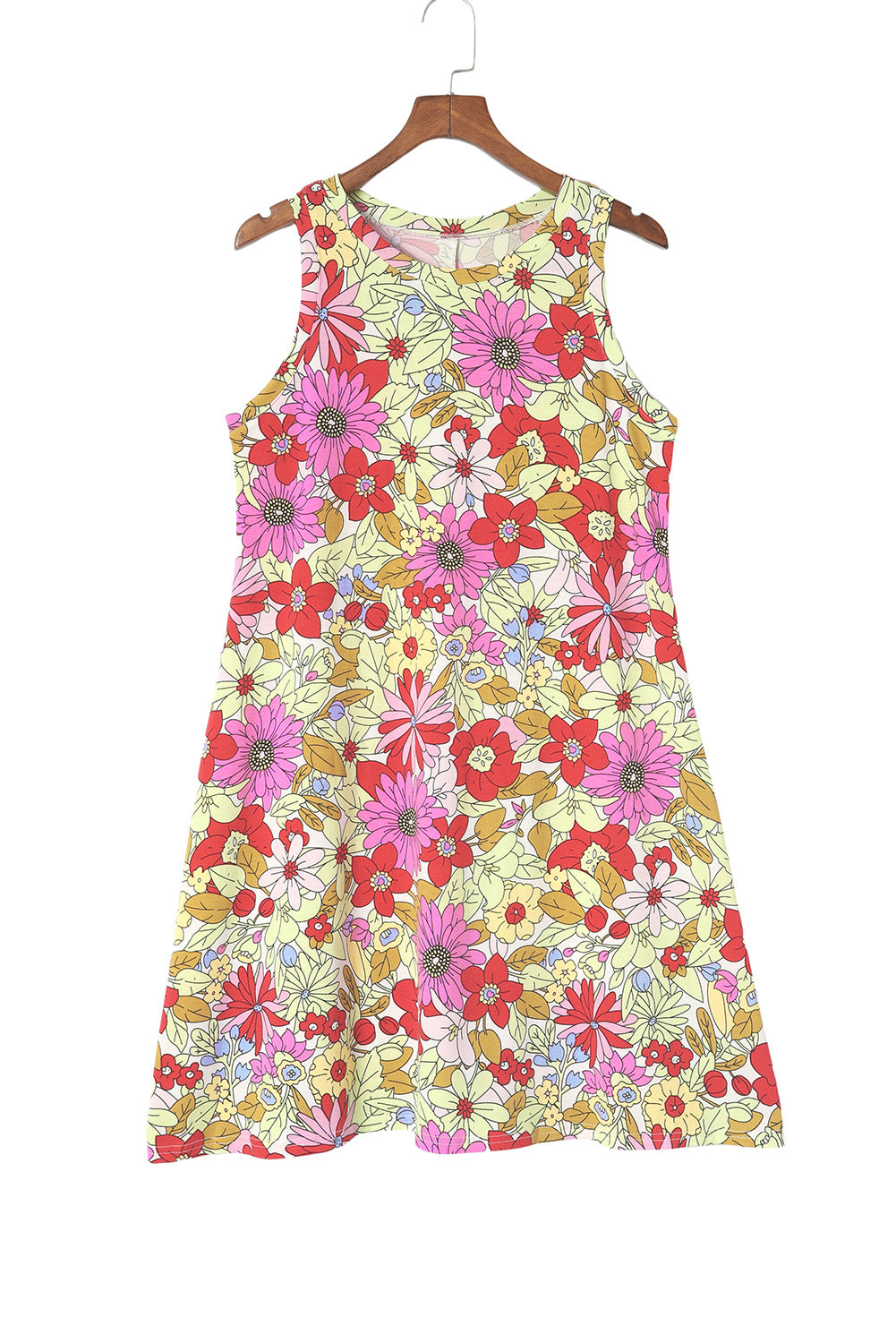 Feuriges rot rundhalsausschnitt ärmelloses florales minikleid