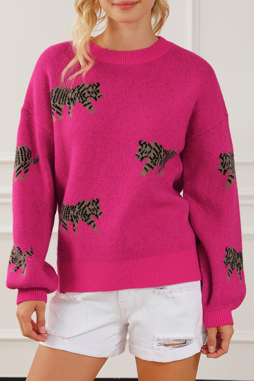 Rose Red Fierce Animal Pattern Casual Sweater gebreid