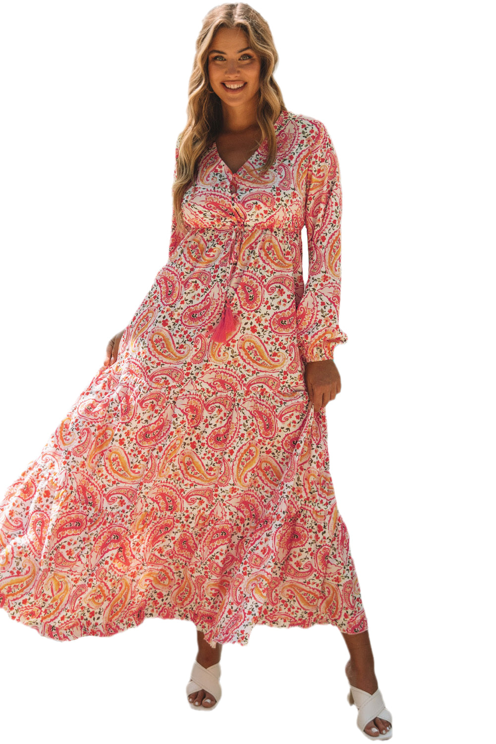 Orange boho holiday paisley print gestreiftes langärmeliges maxikleid