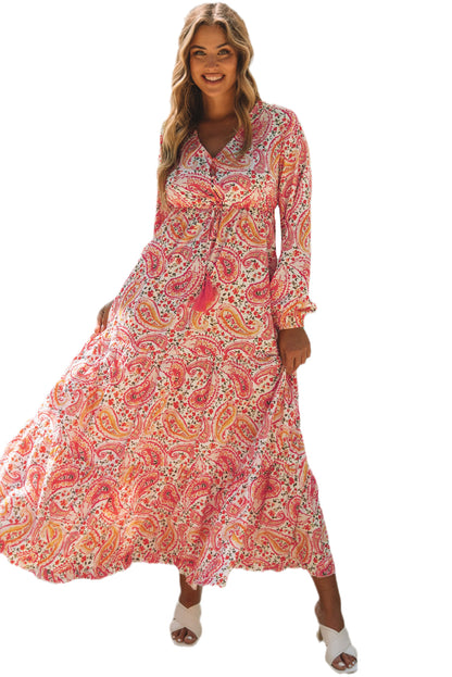 Orange boho holiday paisley print gestreiftes langärmeliges maxikleid