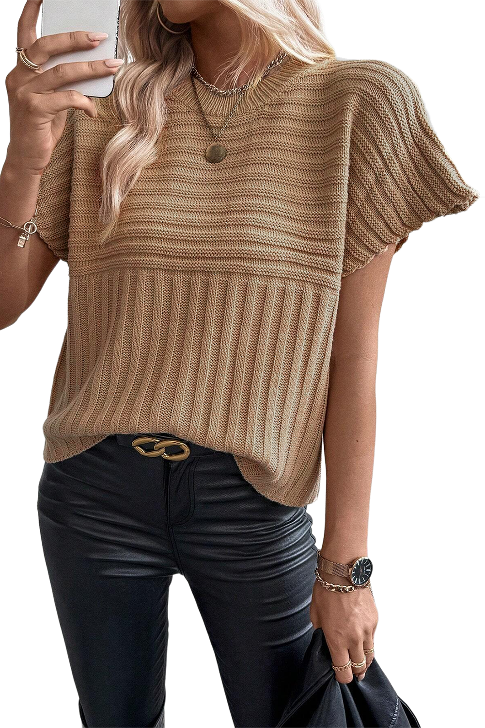 Helles french beige rippstrickpullover mit weiten ärmeln t shirt