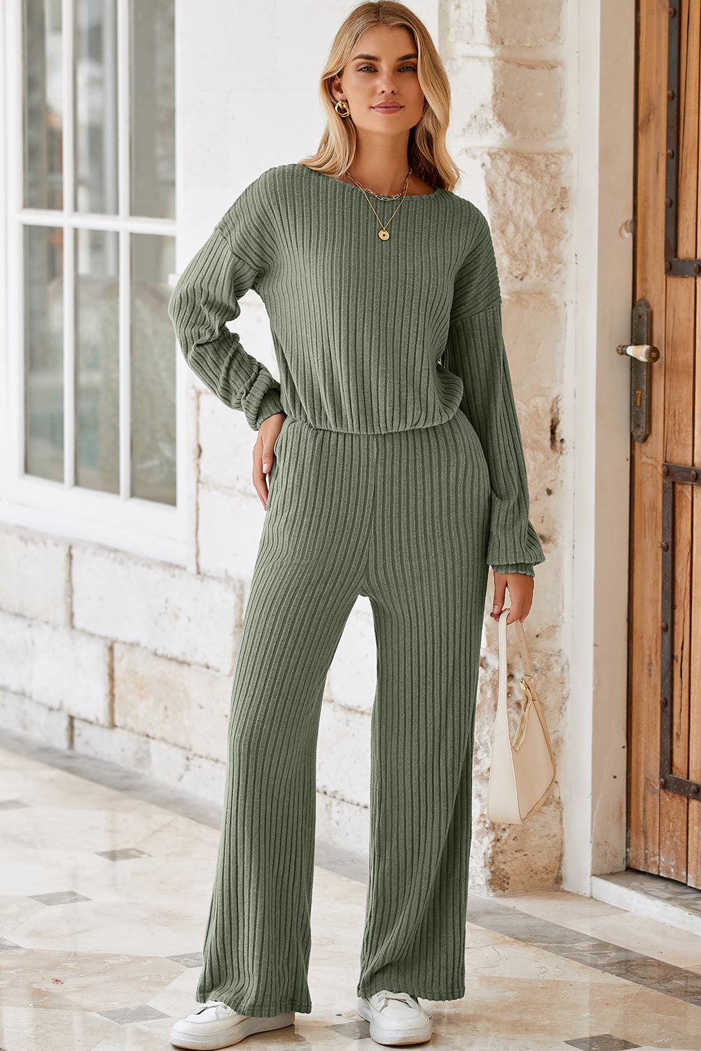 LAUREL GREEN FULL RIB -trim sleutelgat terug hoge taille jumpsuit