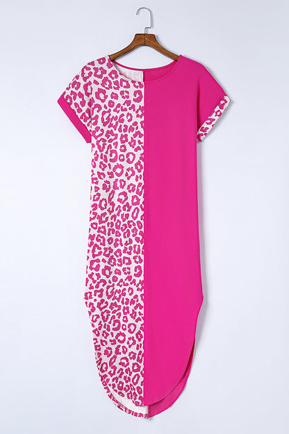 Rose contrast solid leopard kurzarm-t-shirt-kleid mit schlitzen