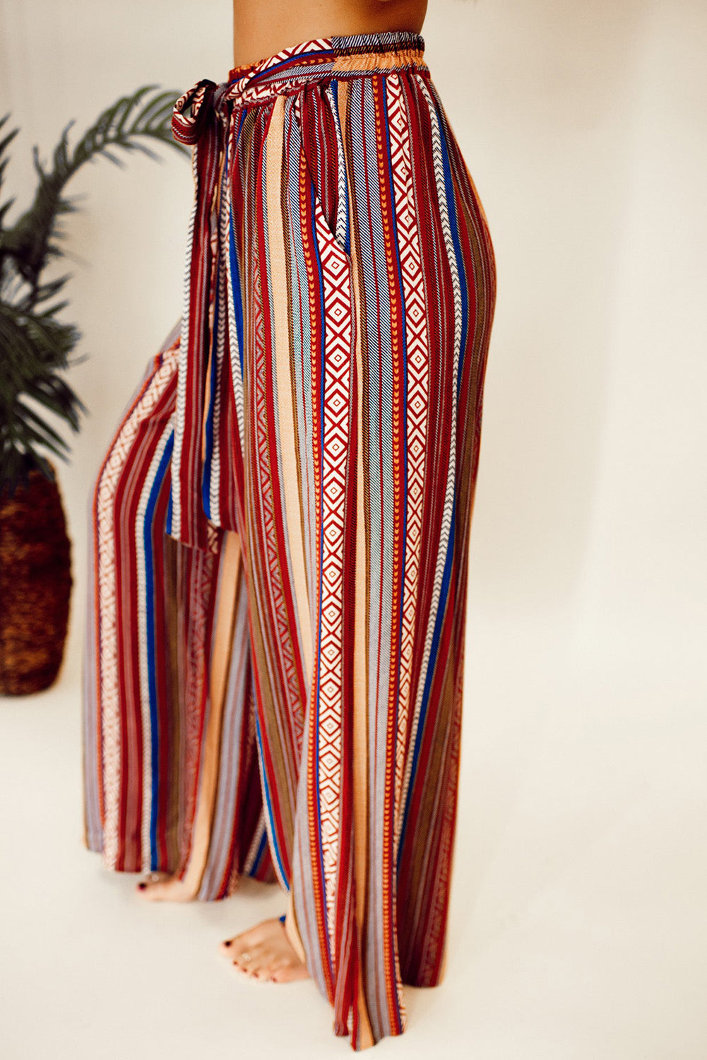 Rote boho ethnostreifen print krawatte taille weites bein hose