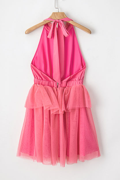 Strawberry pink gauze ruffle tiered knotted halter kleid