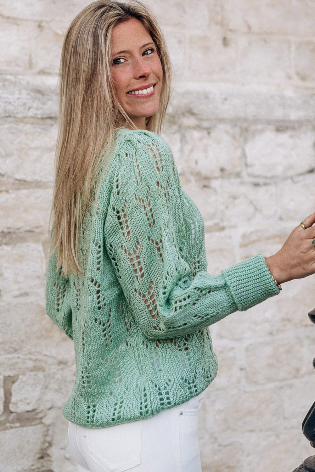 Green Pointelle Sweater gemaakt van transparant touw