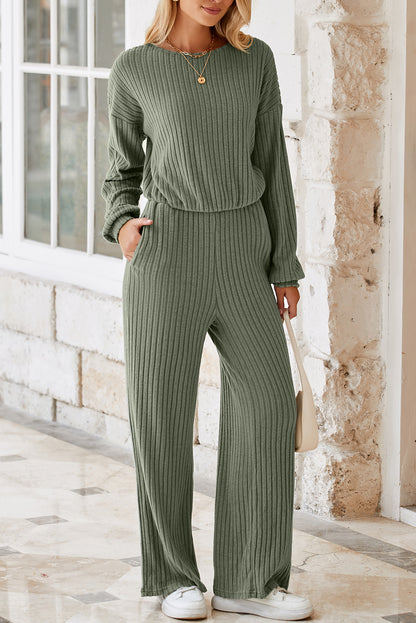 LAUREL GREEN FULL RIB -trim sleutelgat terug hoge taille jumpsuit