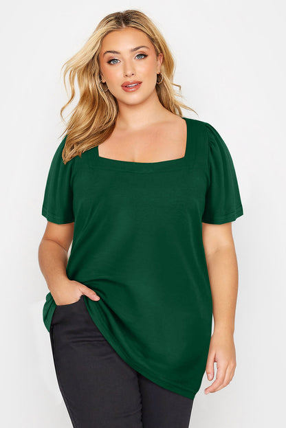 Grünes plus size quadratischer hals geraffte schulter kurzarm top