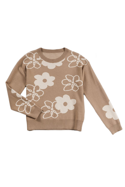 Camel floral drop shoulder pullover mit gerippten abschlüssen