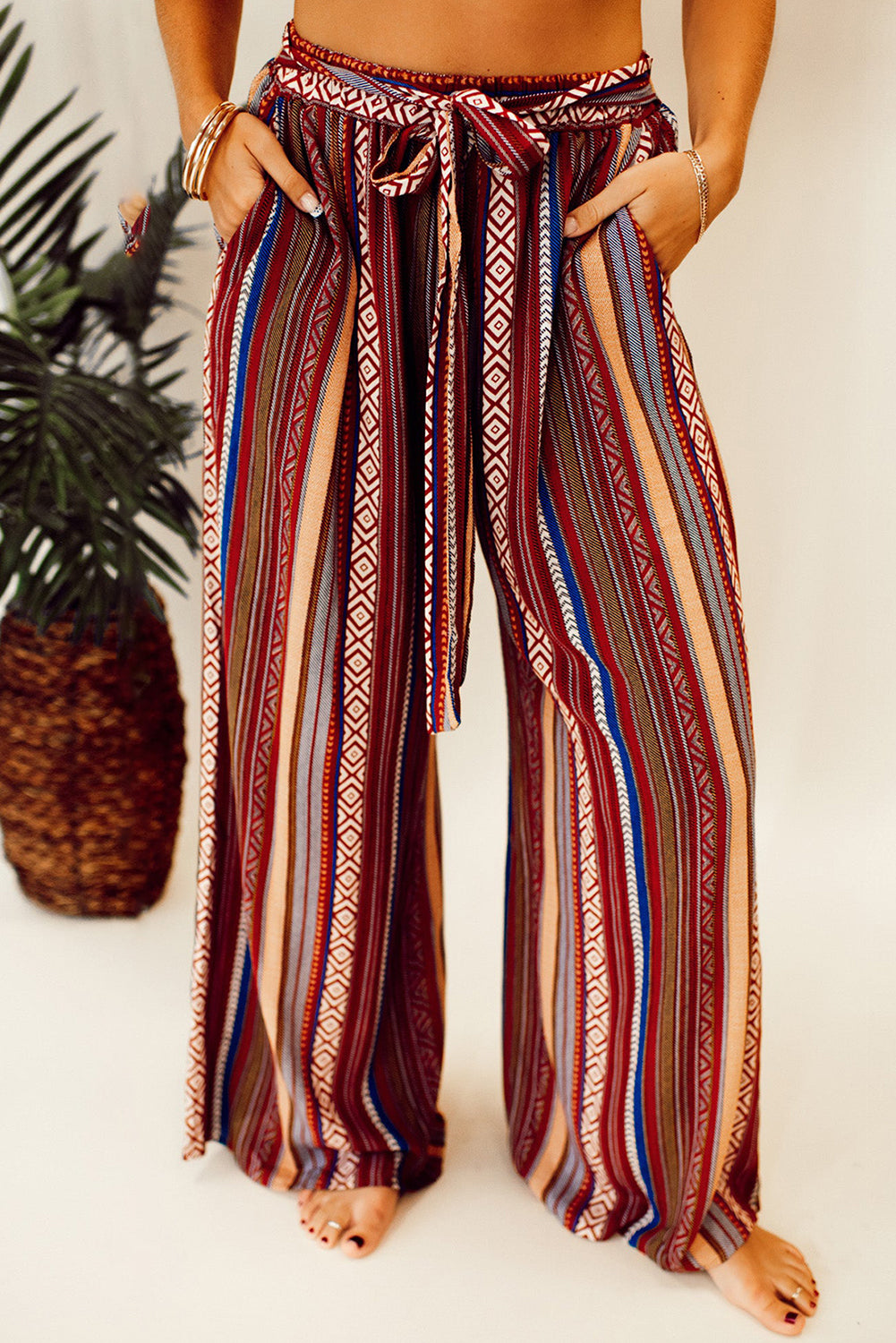 Rote boho ethnostreifen print krawatte taille weites bein hose