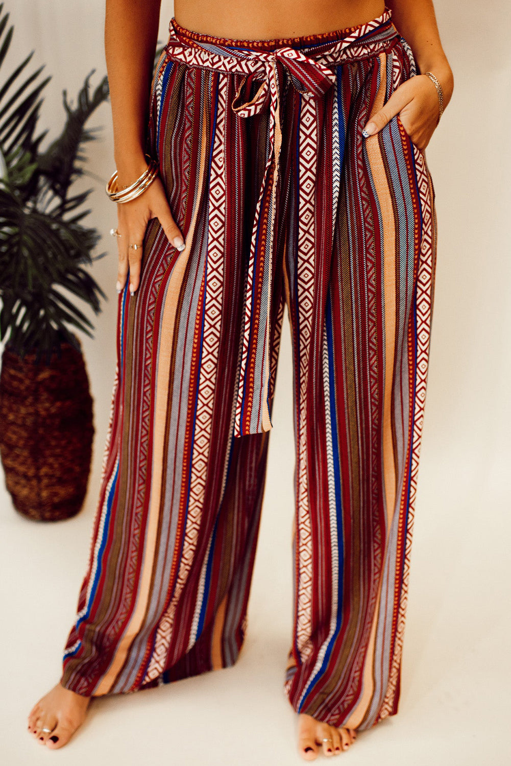 Rote boho ethnostreifen print krawatte taille weites bein hose