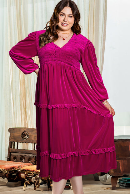 Rosenrot geraffter v-ausschnitt geraffter samt plus size maxikleid