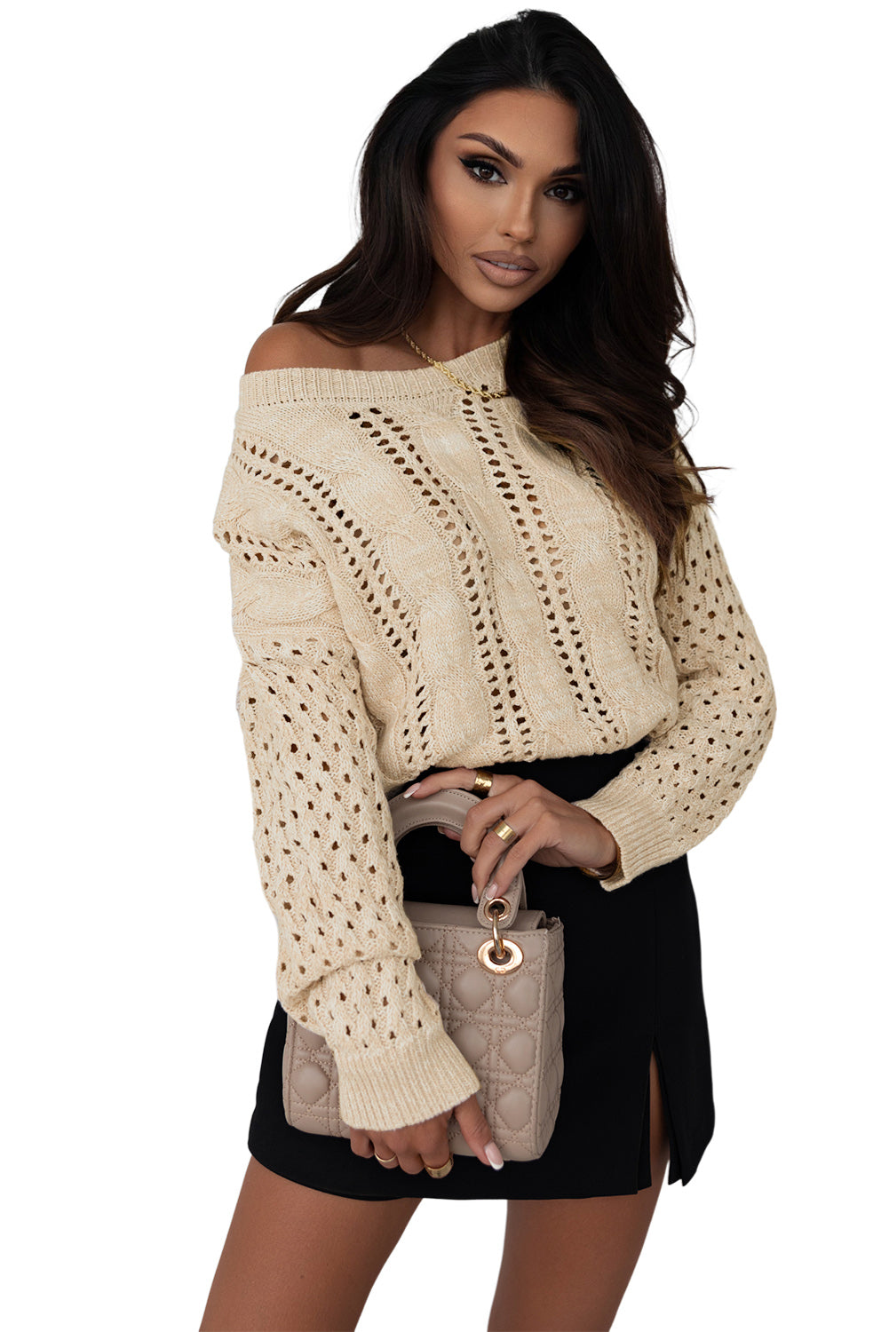 Khaki Eyelet Cable Knit Sweater met schouders