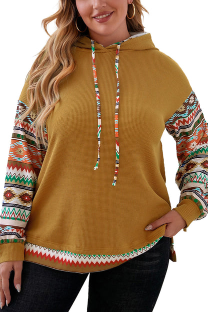 Camel aztec patchwork ärmel waffel kordelzug plus kapuzenpulli