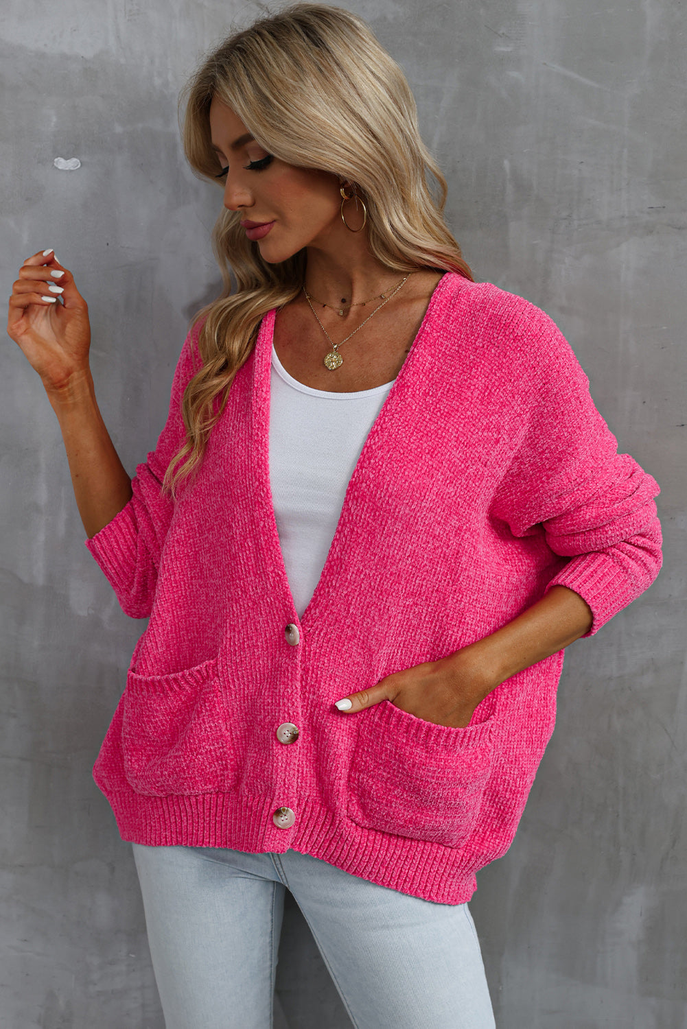 Rose knöpfe front pocketed pullover cardigan