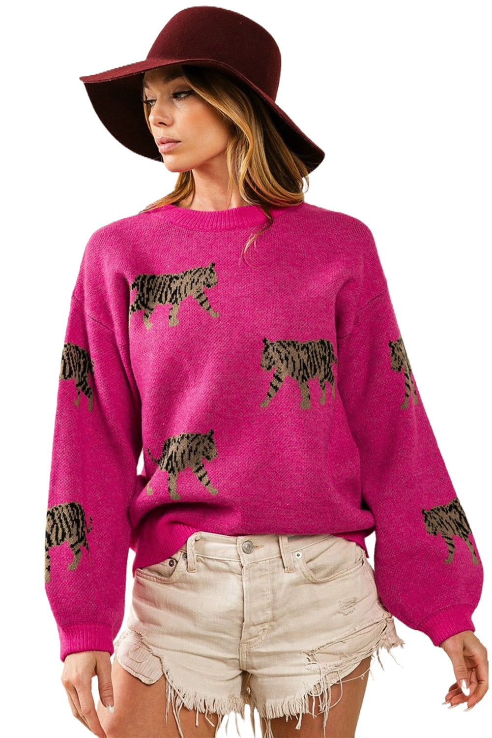 Rose Red Fierce Animal Pattern Casual Sweater gebreid