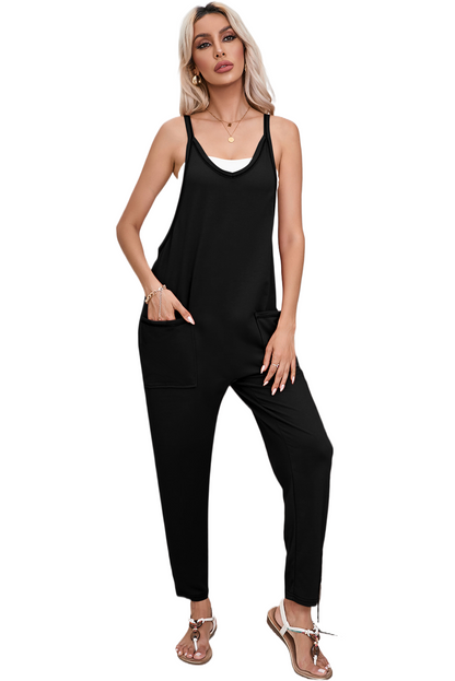 Zwarte zijzakken harembroeken mouwloze v-hals jumpsuit