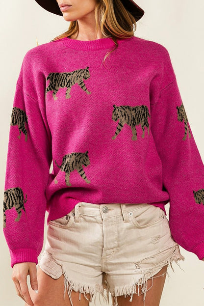 Rose Red Fierce Animal Pattern Casual Sweater gebreid