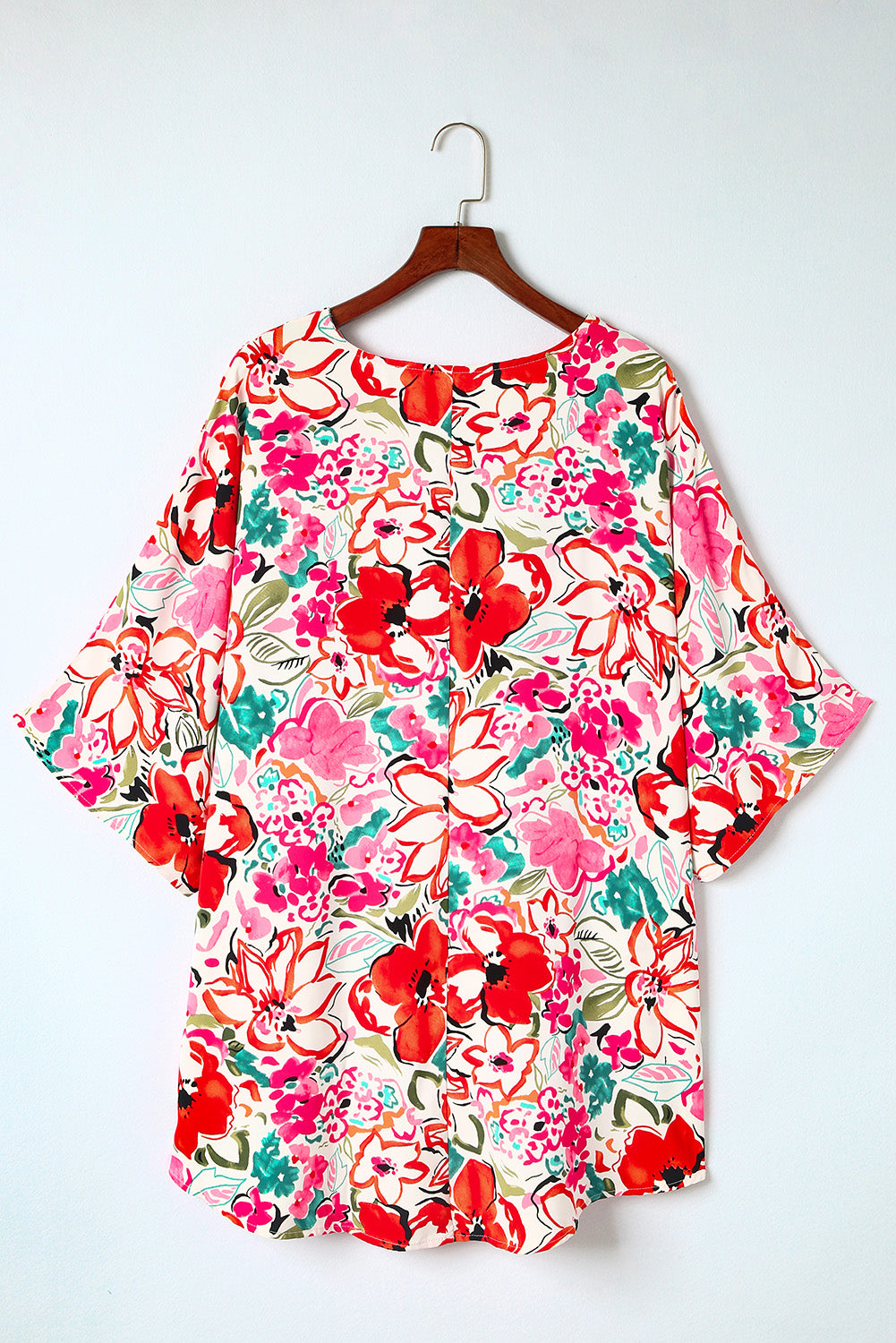 Rose plus größe floral print kimono ärmel shirt