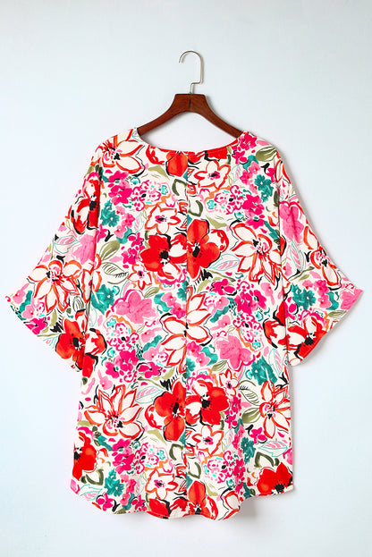 Rose plus größe floral print kimono ärmel shirt