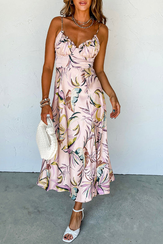 Apricot tropical print spaghetti-träger kleid mit schalen