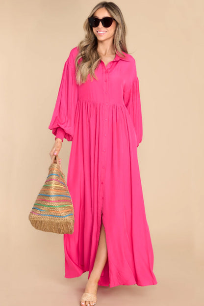 Rose bubble sleeve hemd maxikleid