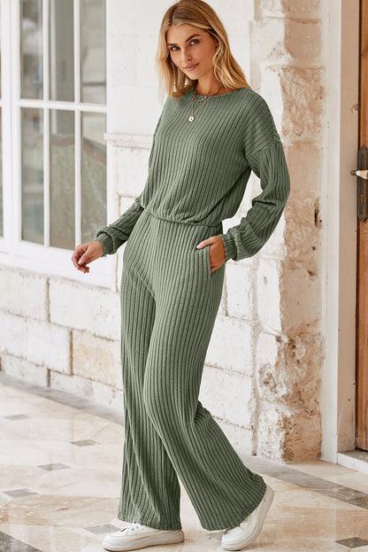 LAUREL GREEN FULL RIB -trim sleutelgat terug hoge taille jumpsuit