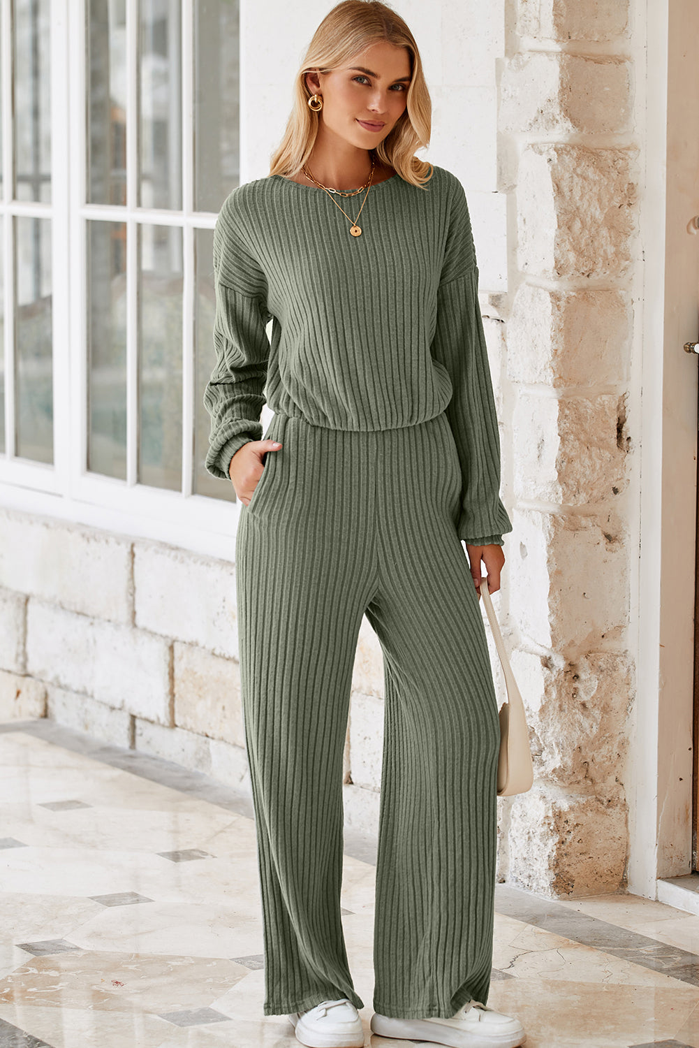 LAUREL GREEN FULL RIB -trim sleutelgat terug hoge taille jumpsuit