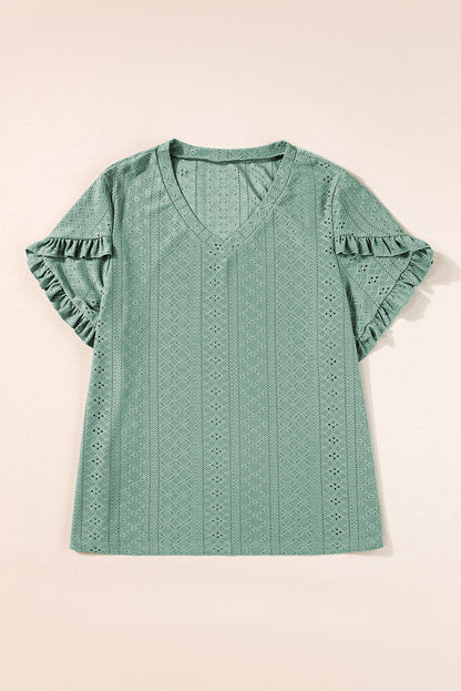 Laurel grün blütenblatt ärmel jacquard v hals kurvige bluse