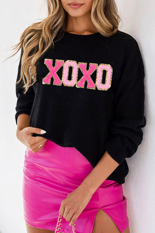 Schwarzer xoxo glitter print rundhalsausschnitt casual pullover