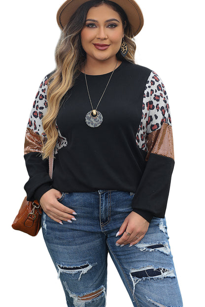 Schwarzer leopard paillettenaufnäher plus size langarm top