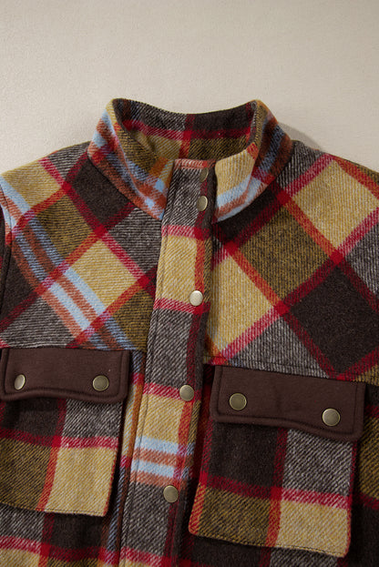 Brown plaid print brusttaschen knopf reißverschluss stehkragen jacke