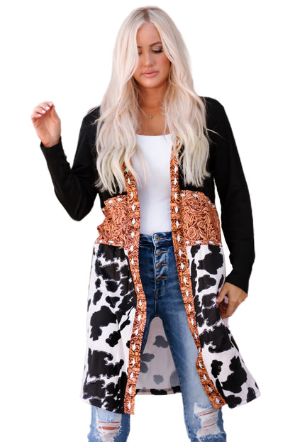 Schwarze westernmuster kuh patchwork strickjacke vorne offen