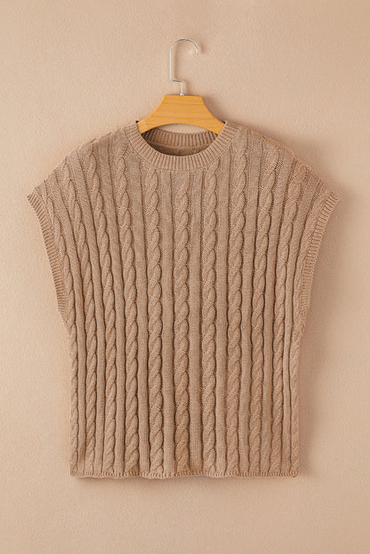 Light french beige rundhalsausschnitt kabelstrickpullover mit kurzen ärmeln