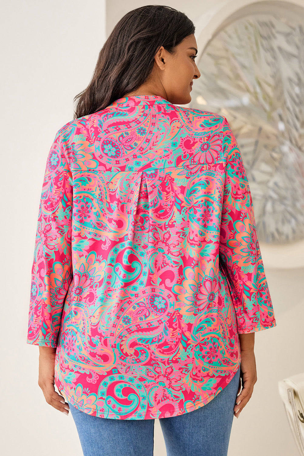 Rose plus größe paisley print v-ausschnitt roll tab ärmel bluse