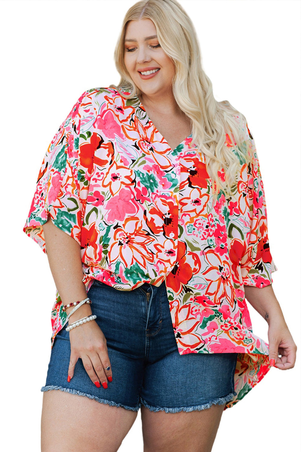 Rose plus größe floral print kimono ärmel shirt