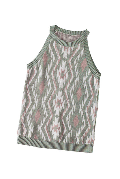 Laurel Green Western Tribal Aztec Pattern Sweater Tank Knit