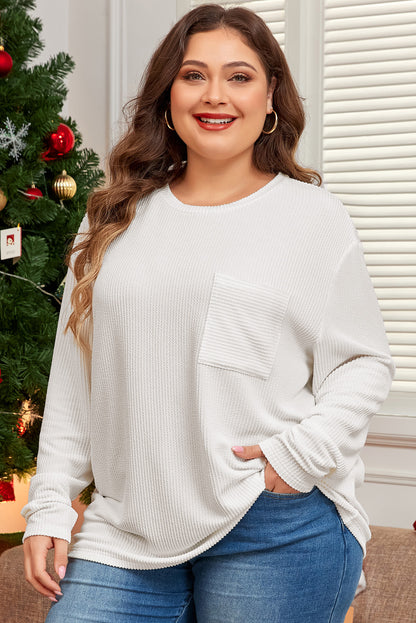 Weißes plus size geripptes strukturiertes langarm-t-shirt