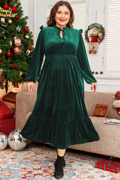 Schwarzgrünes samtkleid mit gerafftem halsausschnitt und hoher taille plus size midikleid