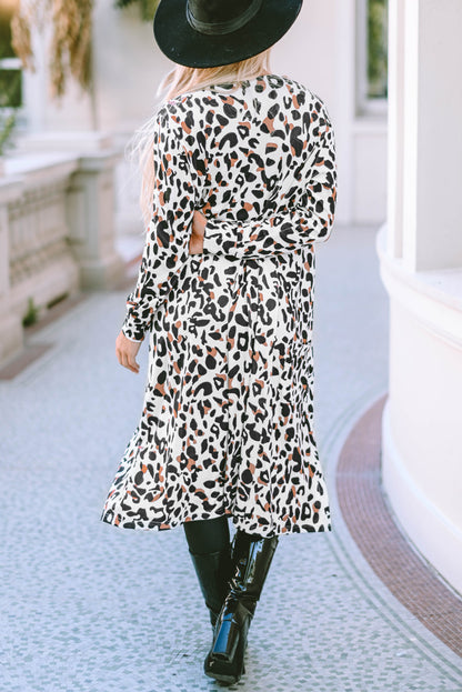 Leopard pocketed open front duster cardigan